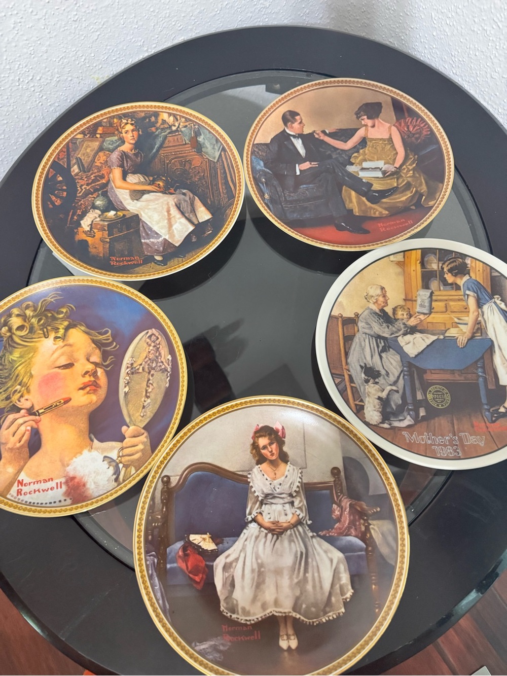 Norman Rockwell Decorative Collector Plates in Gold, Blue, Red, White, Brown